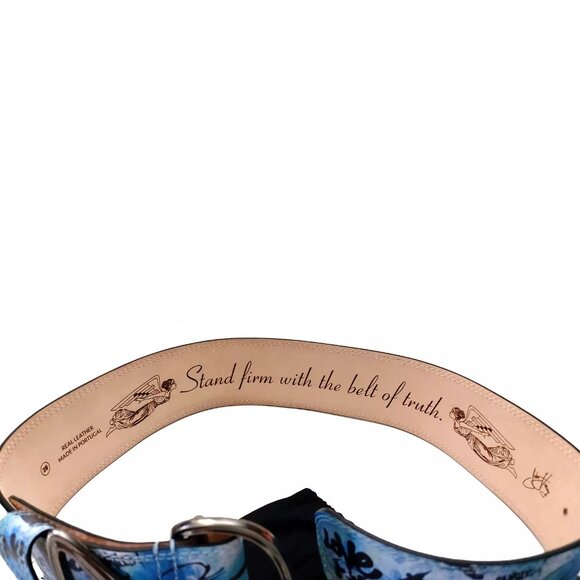 John Fluevog Gawain Wide Waist Belt Blue Graffiti Leather Size 28 (0181) - Picture 7 of 7